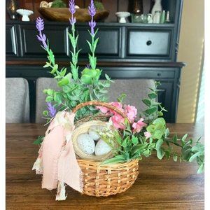 Handmade Basket With Floral Arrangement Greenery A Nest And Bird's Eggs Chiffon